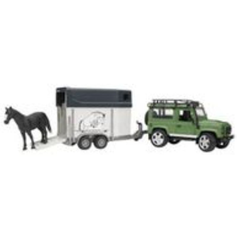Bruder Land Rover Defender, remorque à chevaux + 1 cheval 1:16
