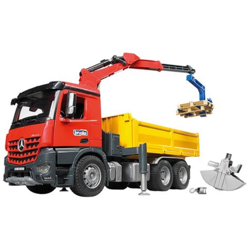 Bruder Camion de chantier MB Arocs avec bras de chargement, godet et 2 palettes 1:16