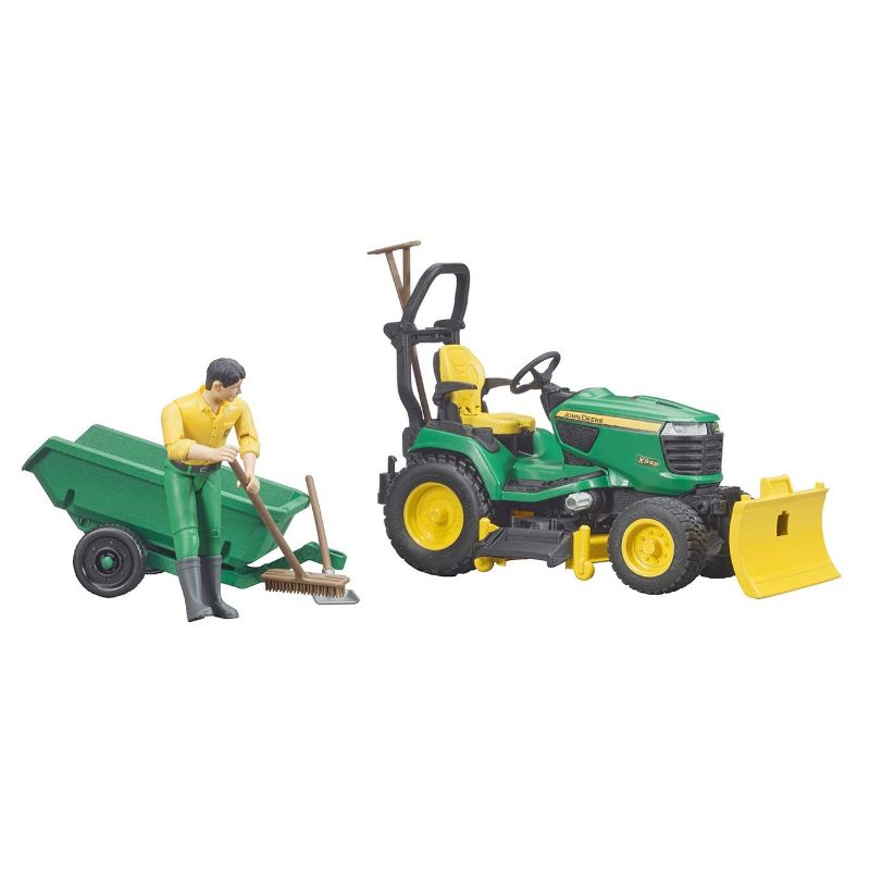 Bruder Tracteur de pelouse John Deere avec remorque et jardinier 1:16
