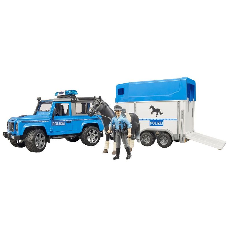 Bruder Land Rover Defender Véhicule de police, remorque à chevaux, cheval + policier 1:16
