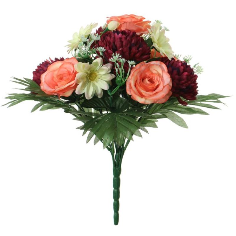 Bouquet roses/chrysanthèmes saumon/bordeaux