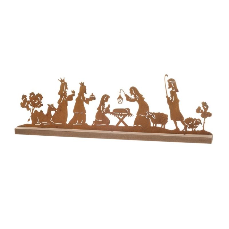 Crèche métal rouille base en bois